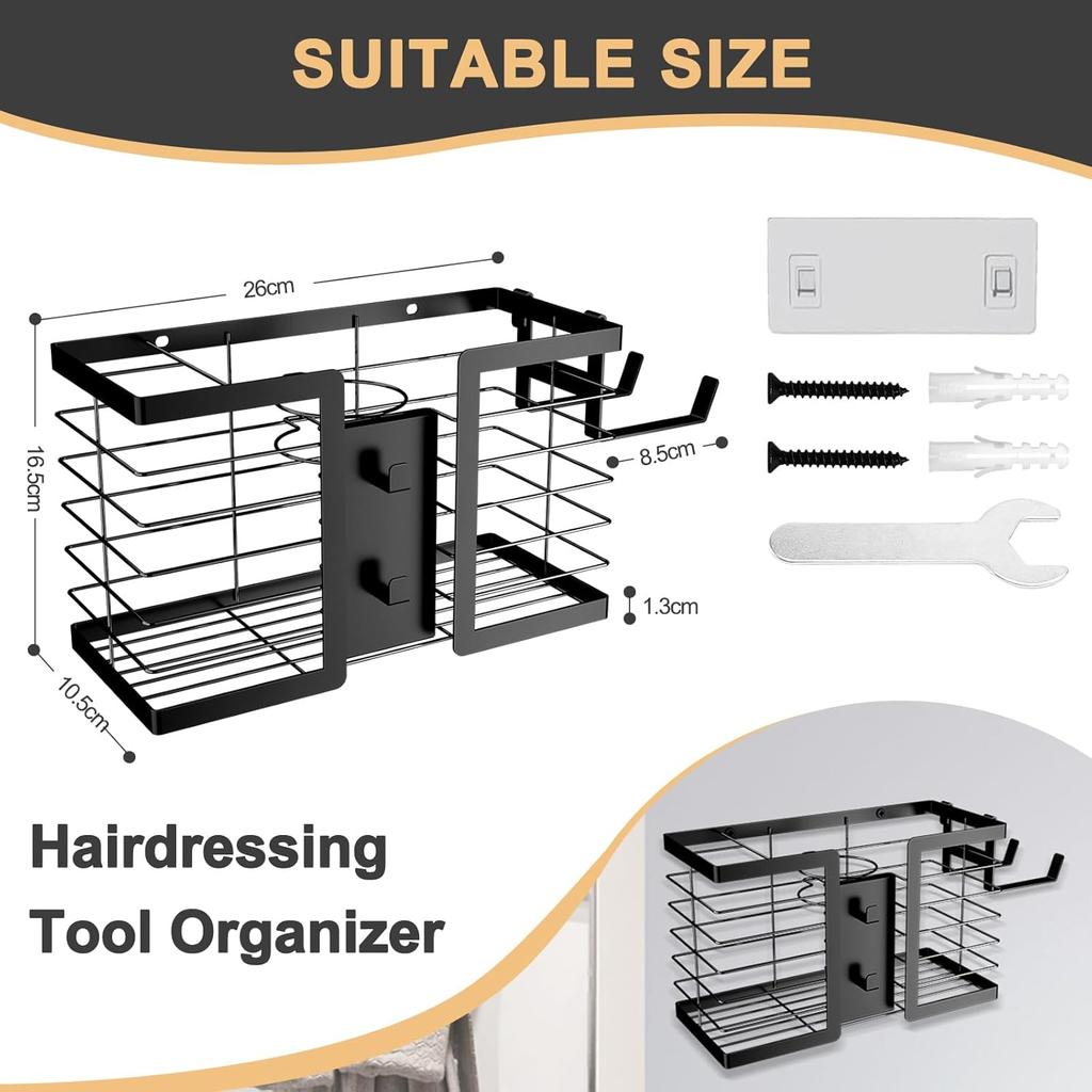 2Pcs Heat-Resistant Hair Tool Organizer, 3-in-1 Metal Wall Mount Holder for Blow Dryer Flat Iron Curling Wand, Bathroom Storage
