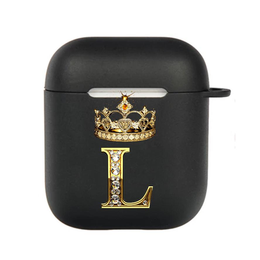 Diamond Crown Letter 26 With Hook Case For AirPods 2 3 1 Cases For Apple AirPods Pro 2 Coque Black TPU Soft Earphone Cover