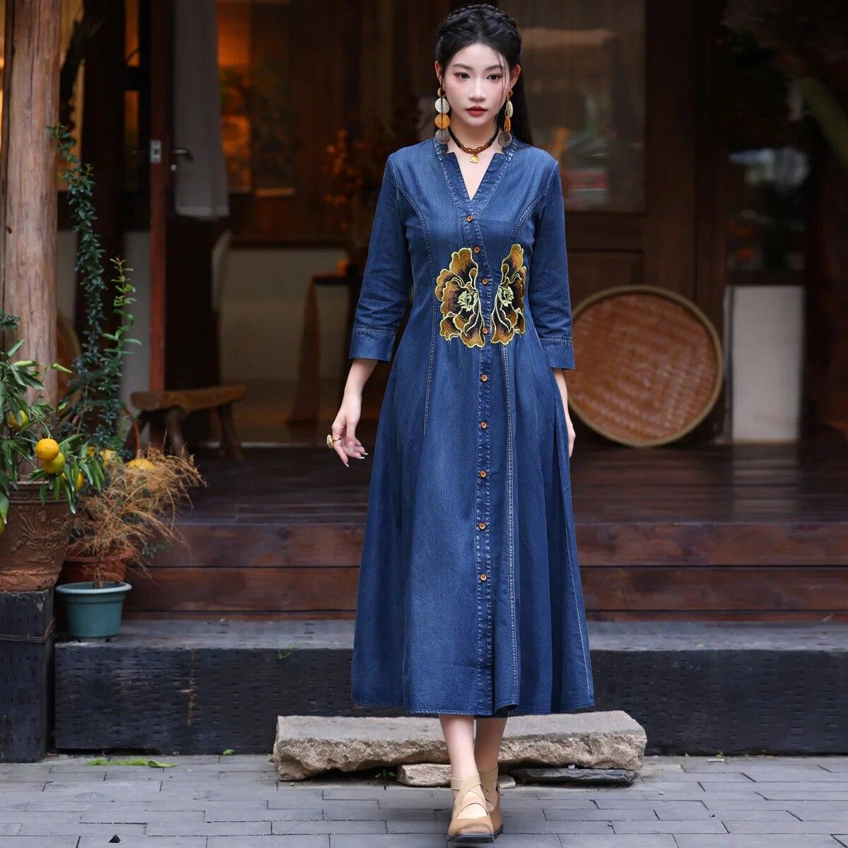 

Женское весеннее платье Johnature в китайском стиле, винтажное платье с v-образным вырезом и вышивкой, однобортное хлопковое платье с длинными рукавами XXXL синий