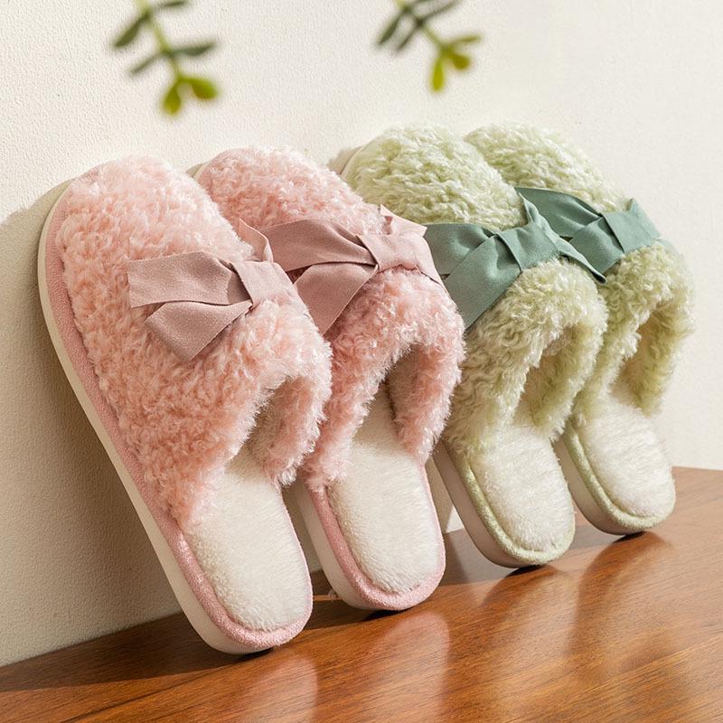Women's Cozy Bowknot Cotton Slippers - Cute Couple Design, Soft Plush Sole for Autumn/Winter