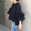 ZANZEA Women Casual V-neck Solid Color 3/4 Loose Blouse