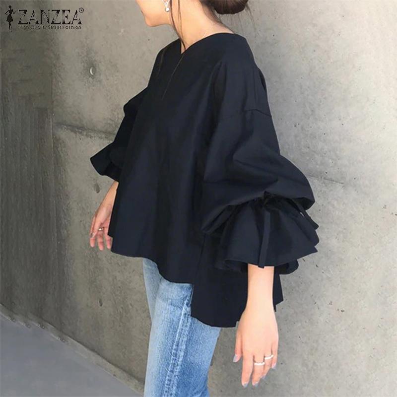 ZANZEA Women Casual V-neck Solid Color 3/4 Loose Blouse