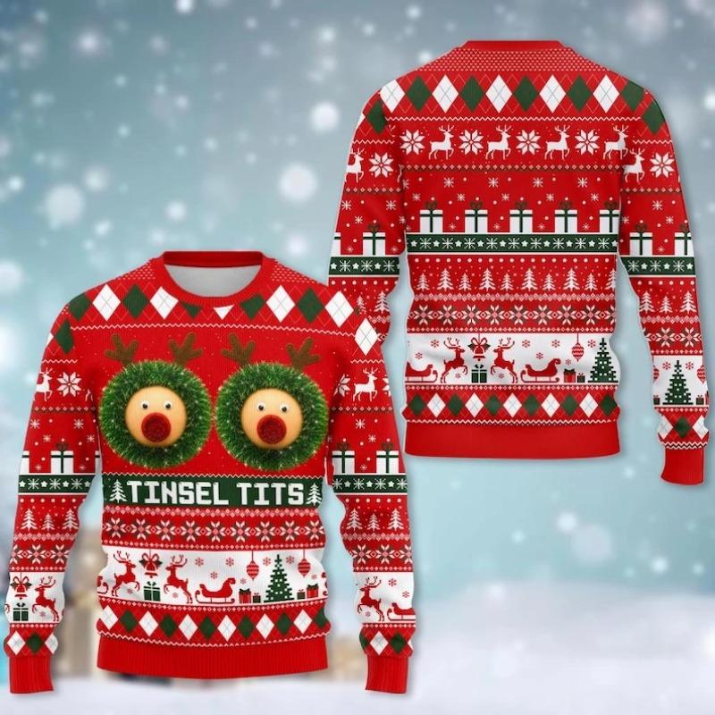 2026 Neues Santa haarige Brust Tattoo 3D Illusion Weihnachten Sweatshirt Neuheit Anzug-Imitation Grafik Pullover Unisex Lustige Party Oberteile