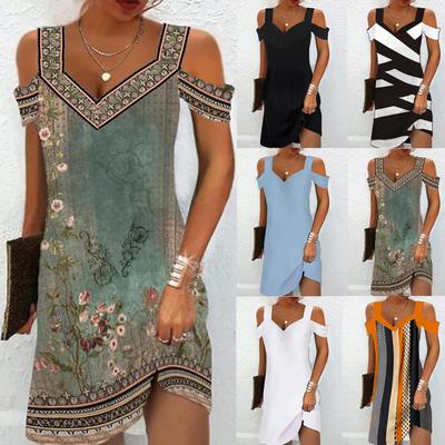 Ladies V Neck Off Shoulder Dress Vintage Print Casual Dress Solid Color Dress For Women