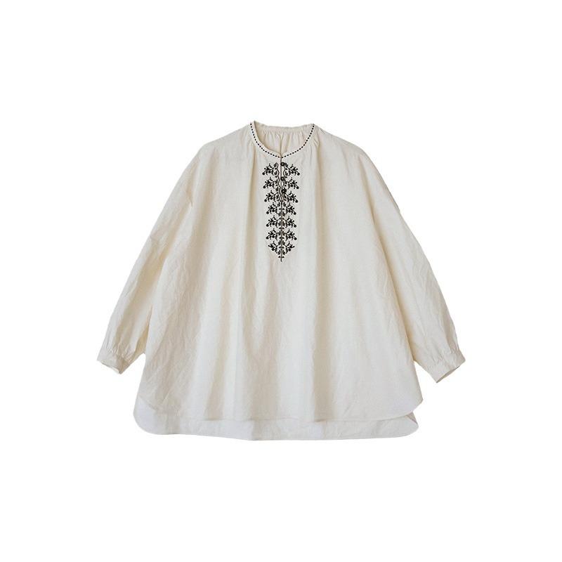 

Johnature Spring New Vintage Embroidered Shirt Casual Long Sleeve Loose Comfortable Women Shirts S