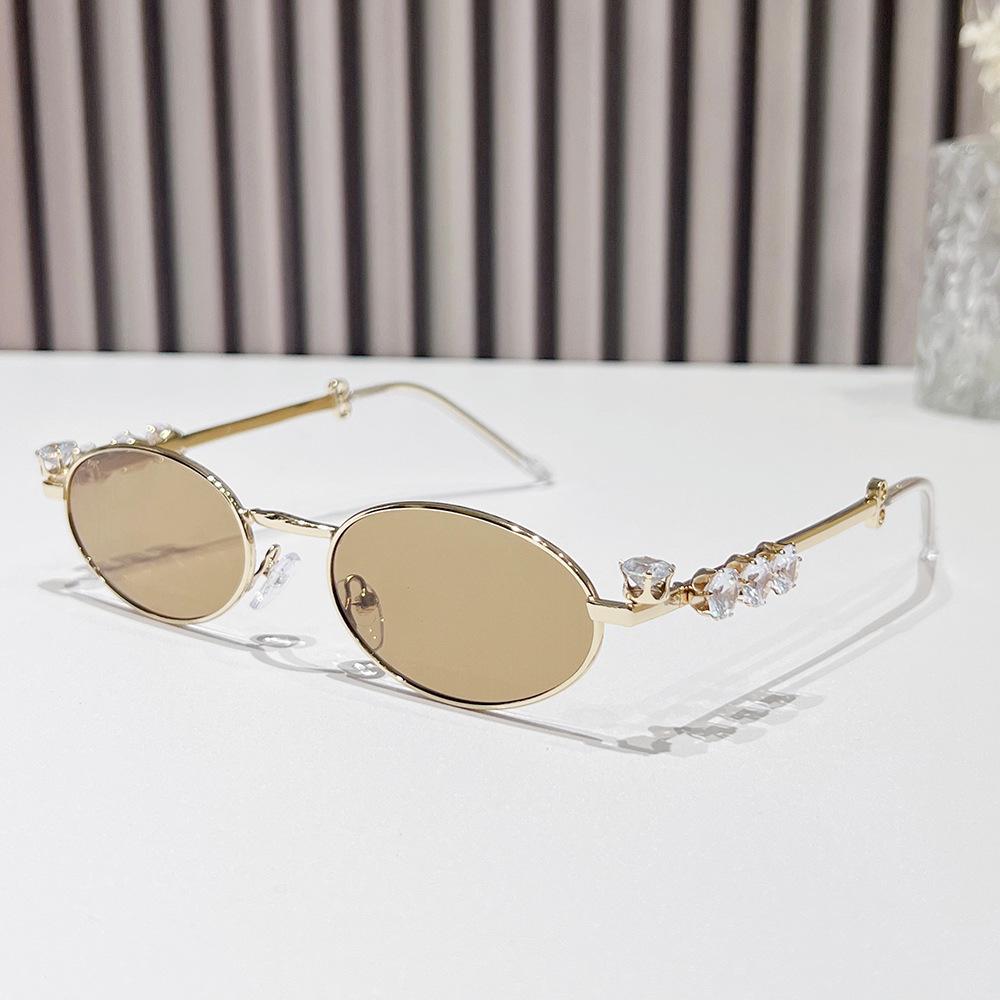 Personalized Oval Y2K Retro Small Frame Diamond-Encrusted Gm Sunglasses Uv-Proof Sunglasses Women'S Trendy Brown Sunglasses