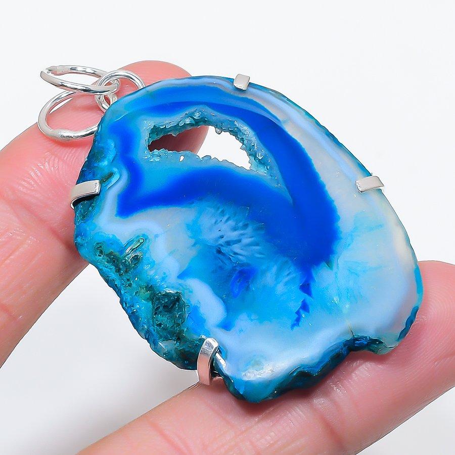 

Natural Blue Druzy Slice Gemstone 925 Sterling Silver Jewelry Pendant 2.44 V0A49