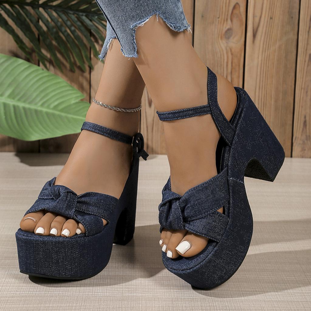 Mode 2025 Sommar Nya Platå Romerska Sandaler Dam Denimblå Färgblock Casual Damskor Ultrahög Klack Kilklackssandaler