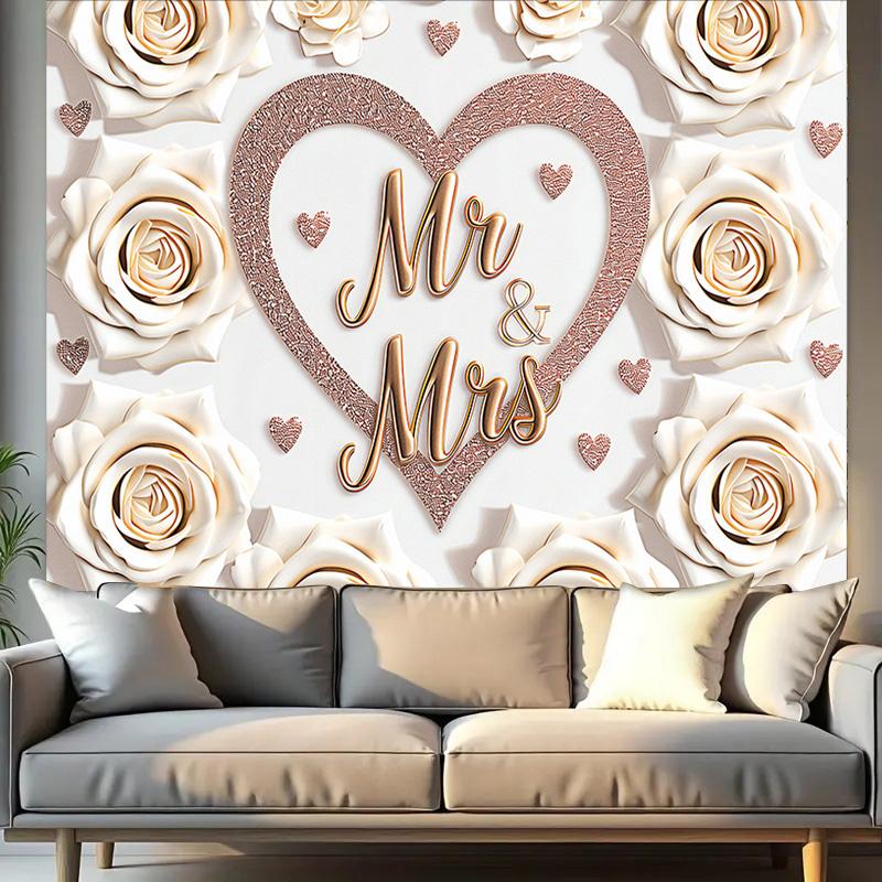 1pc Mr & Mrs Wedding Backdrop with Heart&White Roses,Party Banner for Weddings,Romantic Photo Background Decor,Wall Decor,Reusable Supplies