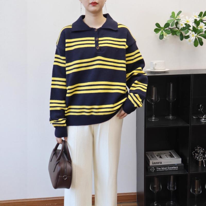 Retro Contrasting Color Striped Lapel Sweater Pullover Autumn and Winter New Loose Age-reducing Knitted Sweater Top Women