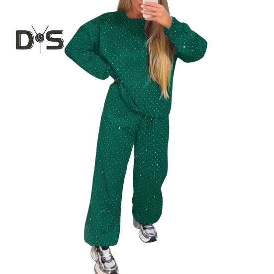 2 Pcs/Set Women Top Pants Suit Round Neck Long Sleeves Rhinestone Decor Sweatshirt Elastic Waist Wide Leg Trousers Daily Wear Sport Outfit Fall