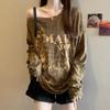 Plus Size Retro Off-the-Shoulder Long-Sleeve T-shirt for Women - Autumn Style, Loose Fit, Slimming, Versatile.