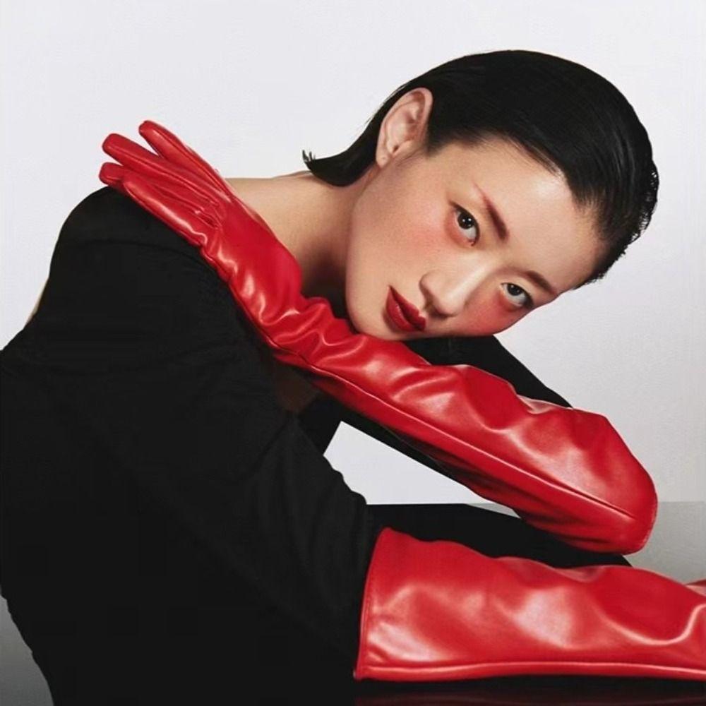 Solid Color Pu Leather Gloves   Mittens Long Gloves  Stage Performance