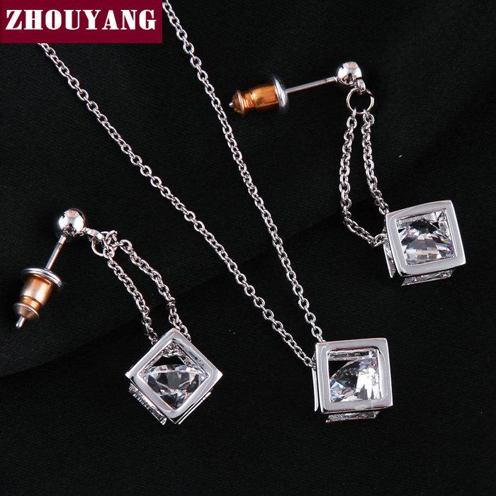 ZHOUYANG Top Quality ZYS059 Cube Silver Color Jewelry Necklace Earring Set Rhinestone Made with Austrian Crystal Health