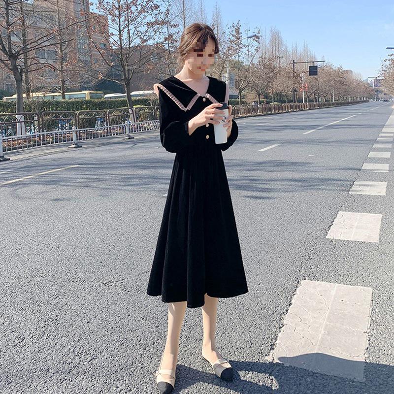 

2024 French Hepburn Style Gold Velvet Peter Pan Collar Black Dress - New Spring Autumn Slim Waist Trend for Women. Small чорний