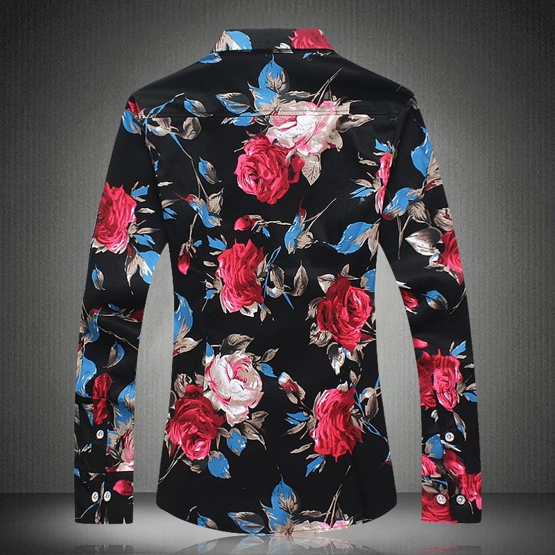 Men 's Fashion Autumn Large Size Cotton Satin Flower Shirt Casual Sharpen Lapel Long-Sleeved Shirts