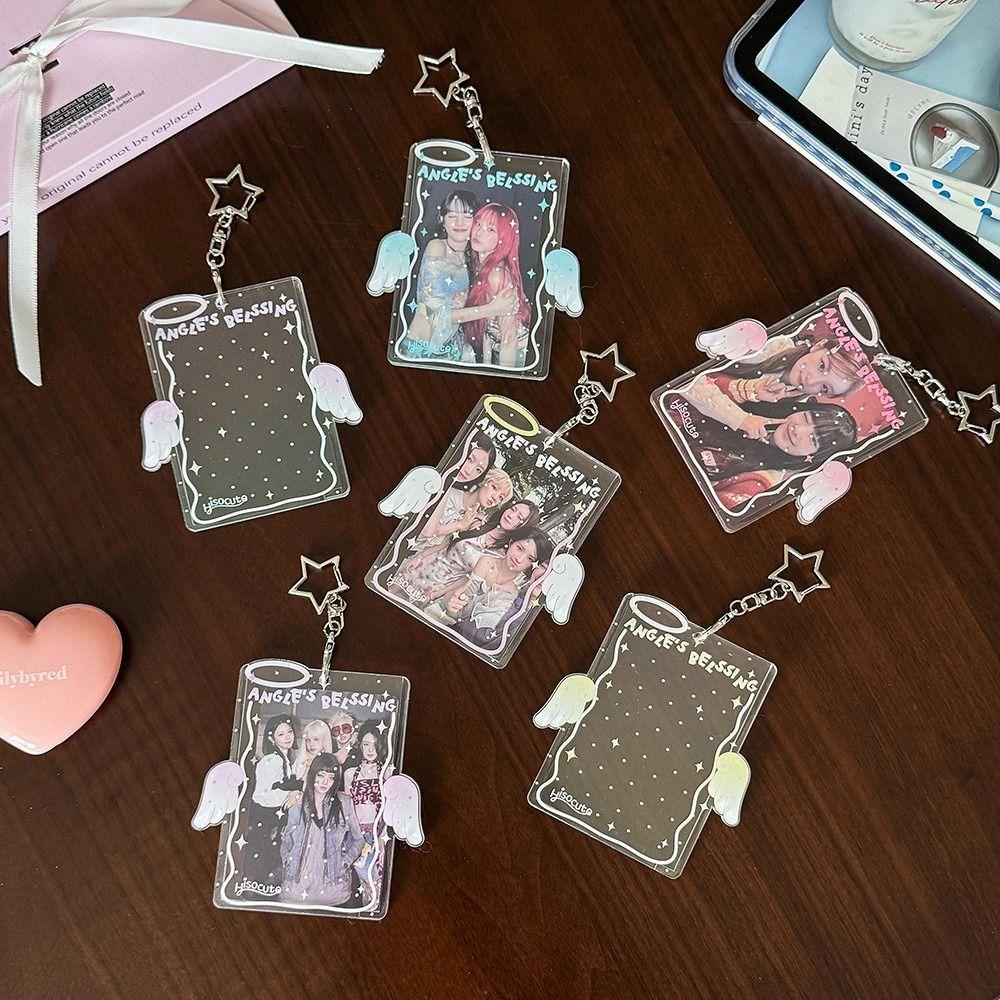 Cute Acrylic Kpop Card Holder Keychain Angel Wing Album Binder Photo Frame Protective 3 Inch Idols Photocard Holder Bag Pendant