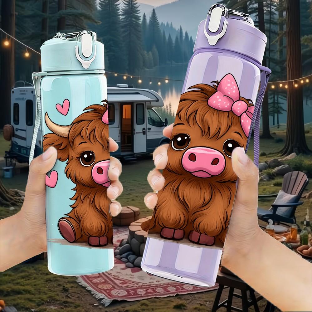 1PC Highland Cow Pink Bow Pattern 750ml Color Plastic Sports Water Bottle Leakproof Flip Straw Lid Suitable for Sports Office Home Use