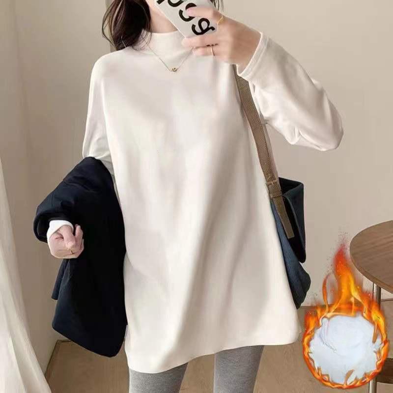 German Velvet Thickened Half Turtleneck Bottoming Shirt for Women, Autumn and Winter Style Black Long-sleeved Mid-collar Warm T-shirt Top Ins