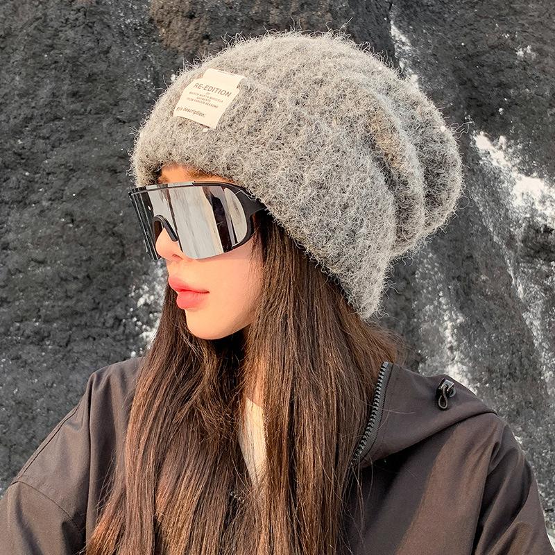 Wollmütze mit großem Kopfumfang für Damen, Herbst und Winter, locker, warm, Plüsch-Pile-Mütze, die das Gesicht klein erscheinen lässt, Strickmütze, Wintermütze