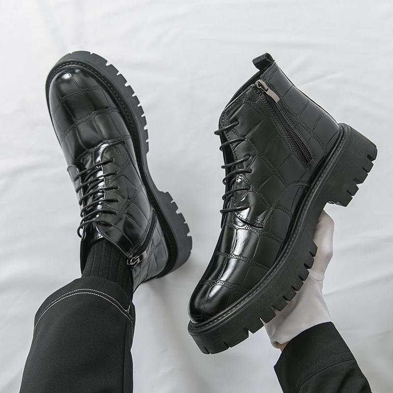 Men Motorcycle Casual Black Outdoor Retro Brown Leather Elevator Shoes High Boots Street Style Punk Boots Large Size