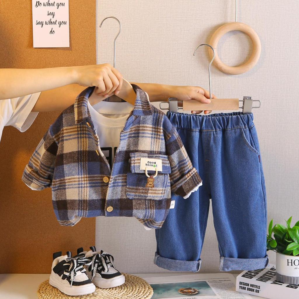 Boys' Long Sleeved 3-piece Set, Children's Plaid Jacket for 0-5 Years Old, High-quality Clothes for Boys