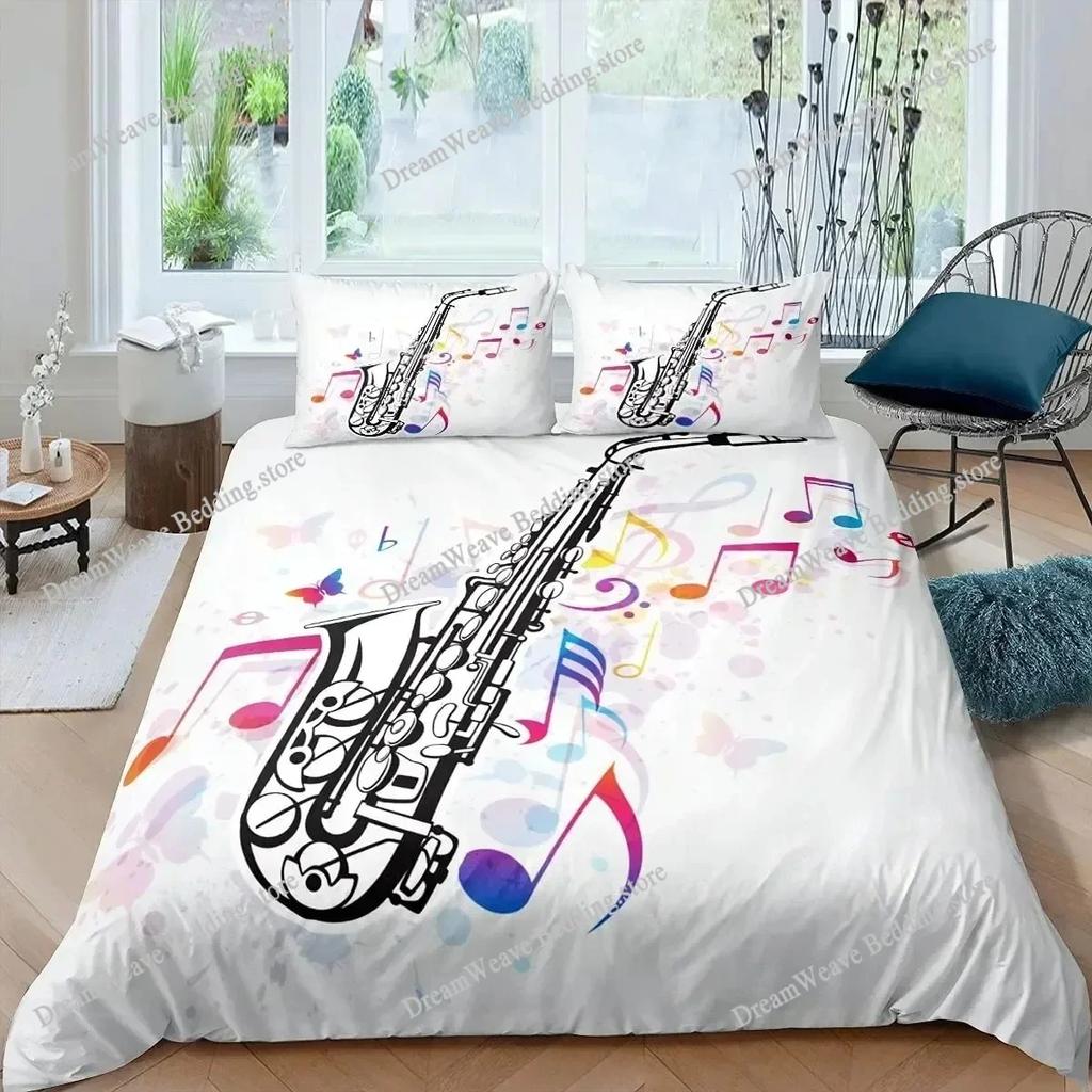 Saxophone Duvet Cover Set Rotating Musical Notes Bedding Set Musical Instrument Retro Jazz Music Twin 3D Quilt Cover for Kids963