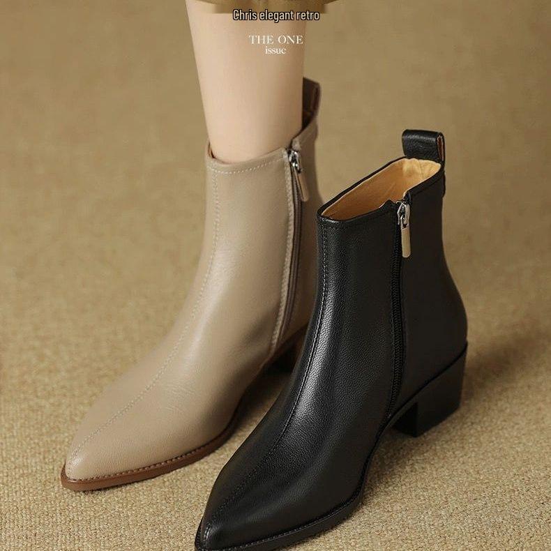 Ghete de gleznă de toamnă pentru femei cu vârf ascuțit, din piele de oaie, cu toc mediu, gros și căptușeală de catifea