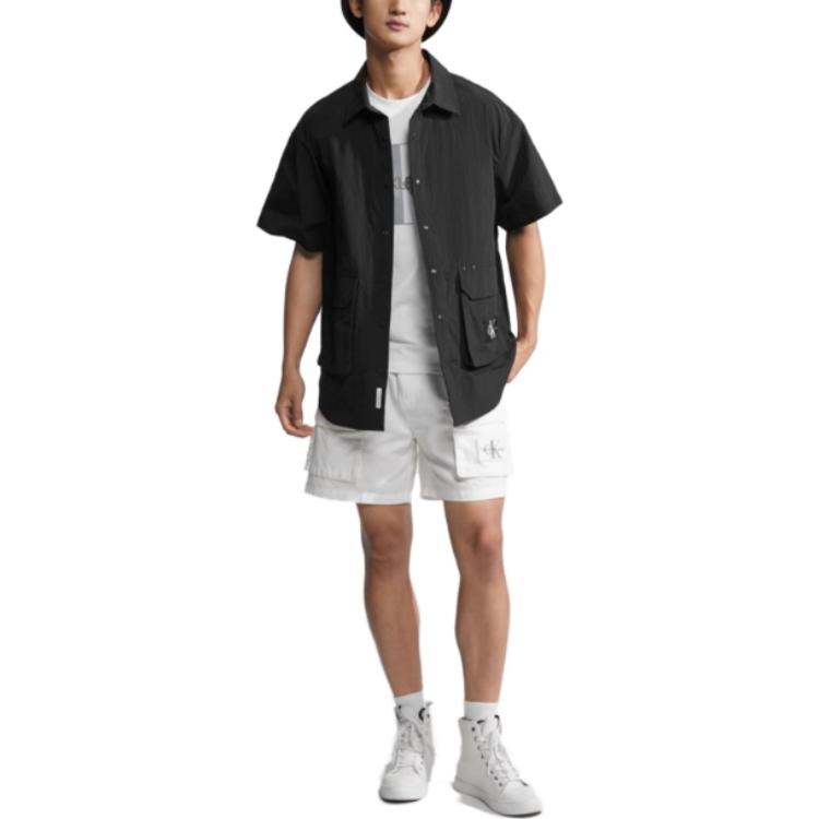 Calvin Klein Solid Color Large Pocket Embroidered Logo Loose Short Sleeve Shirt Men Tops Black J323199-BEH