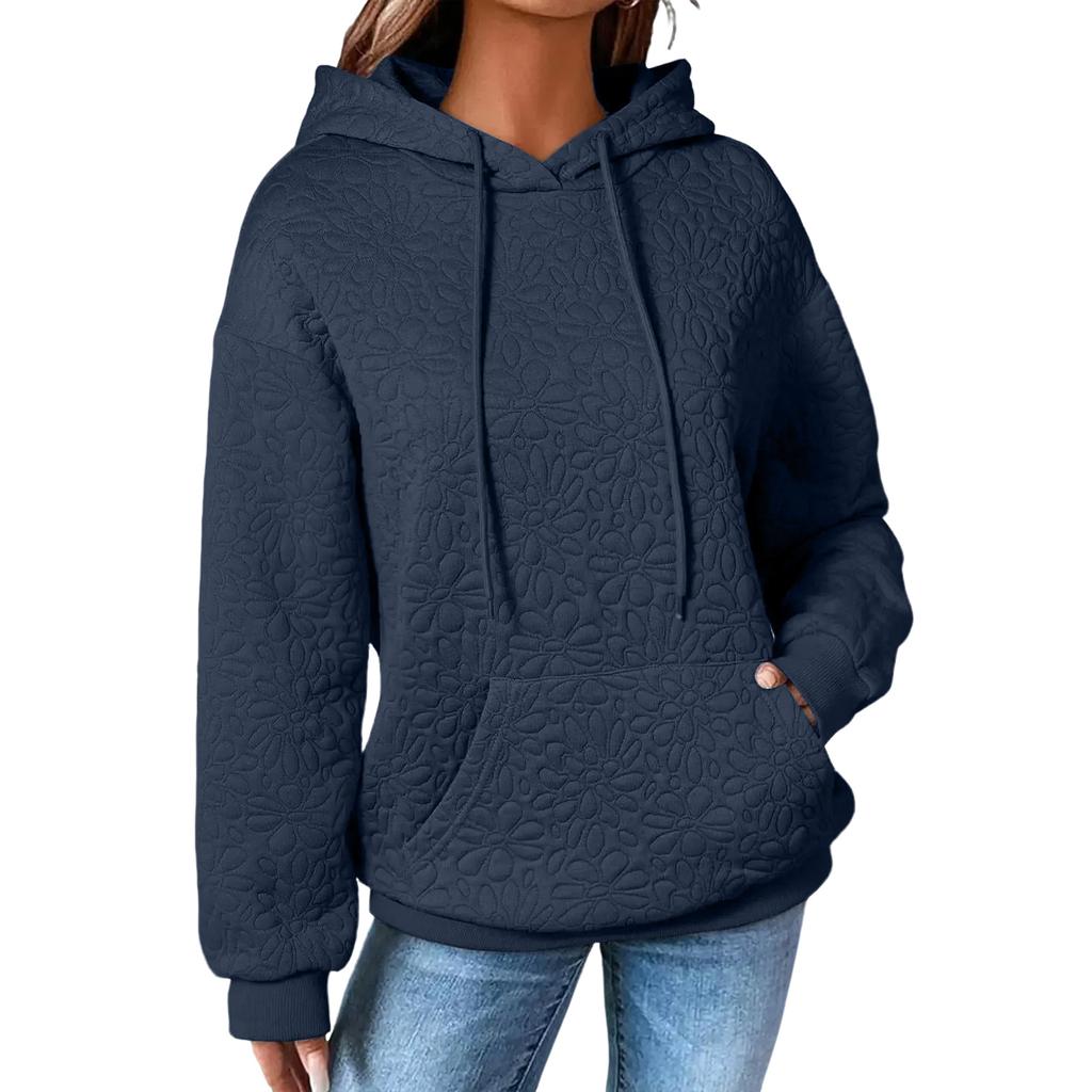 Damen Einfarbiges Modisches Kapuzen-Textur-Langarm-Top Sweatshirt