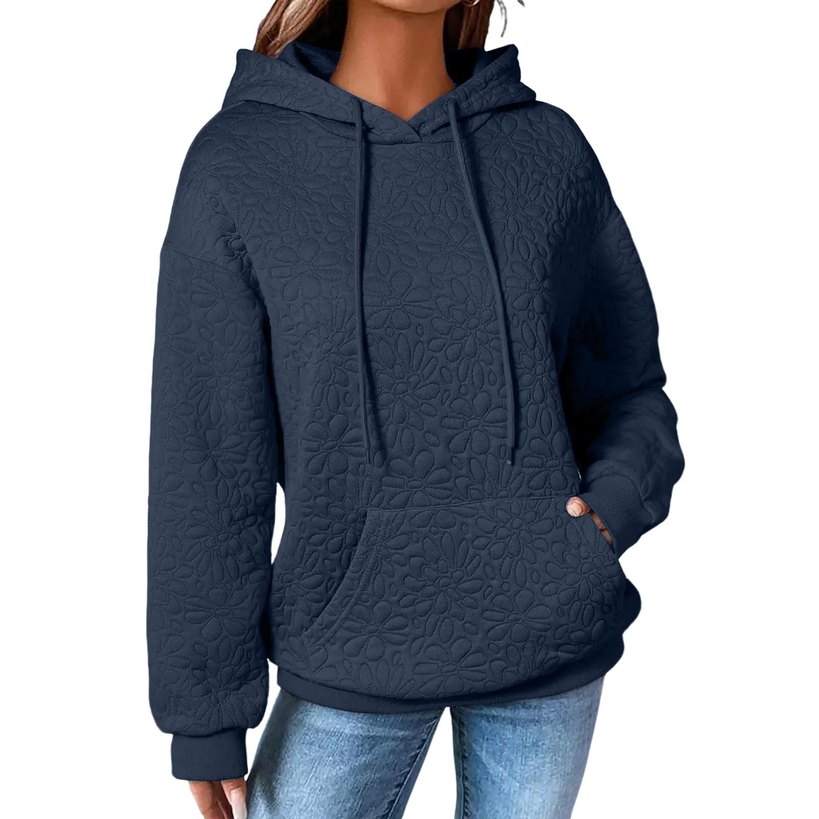 

Women s Solid Color Fashionable Hooded Textured Long Sleeved Top Sweatshirt XXL Темно-синій