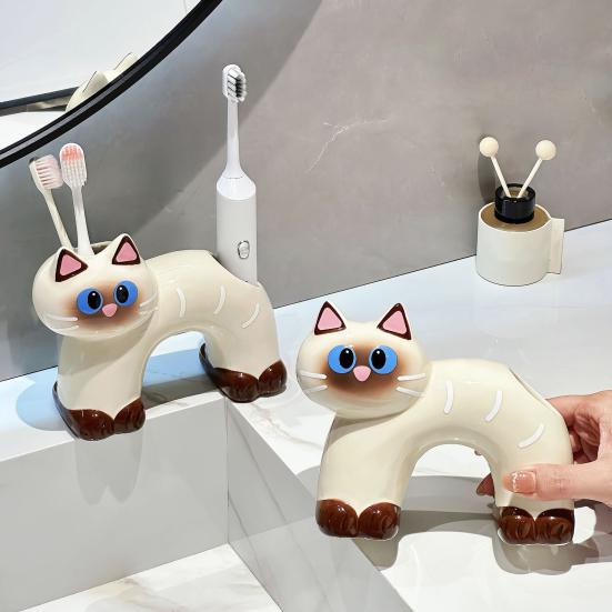 Toothbrush Holder, Cat Shape with Drain Port, Mold-Resistant Double-Hole Ceramic Organizer for Bathroom Accessory