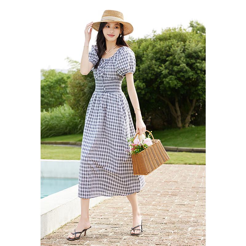 VICTORIA&VERA Women's Plaid Square Neck Puff Sleeve Midi Dress