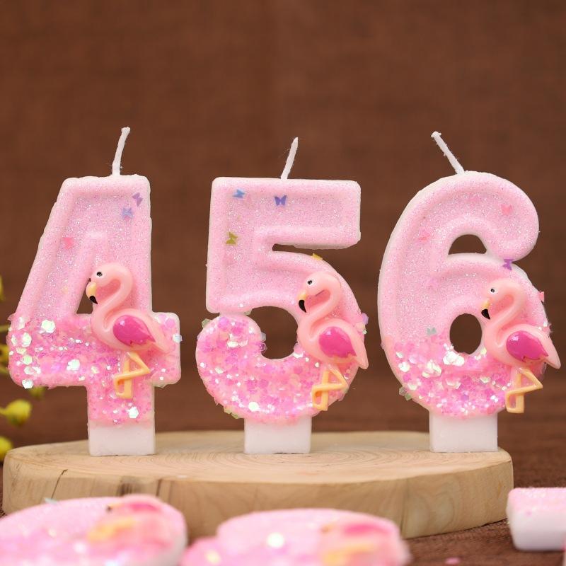 Pink Glitter Birthday Number Candles with Flamingos 1 Year Baby Birthday Cake Decorations
