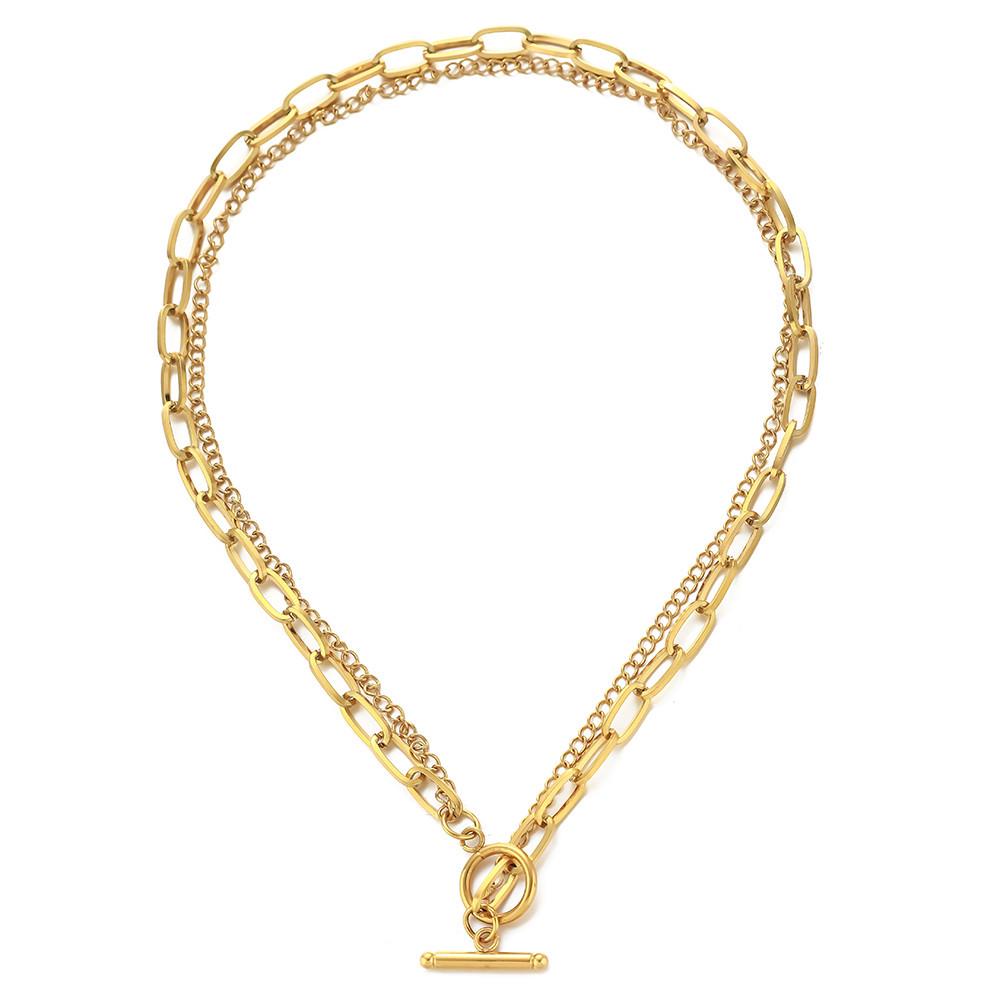 Minimalist Stainless Steel Double-Layer Square Chain Necklace with OT Toggle Clasp - Women's Hip Hop Jewelry