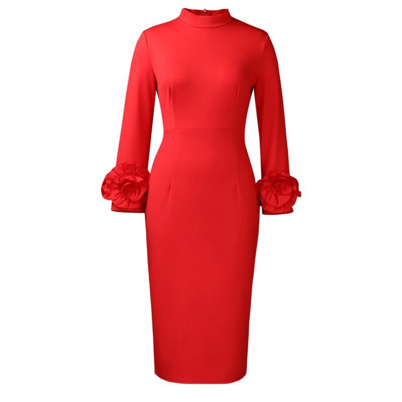 

European American Semi-high Collar Temperament Slim Elegant OL Tongle Long-sleeved Three-dimensional Flower Dress M червоний