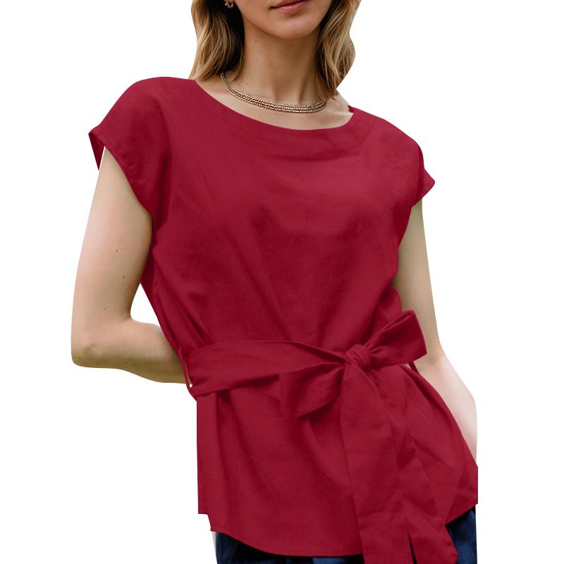 

ZANZEA Женская повседневная блузка с круглым вырезом, однотонная, летняя, с коротким рукавом 5XL красный