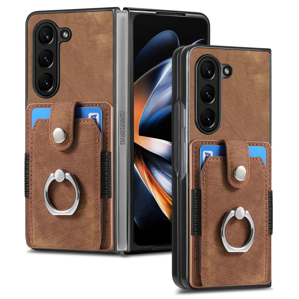 Retro Artificial Leather Wallet Phone Case with Ring Holder for Samsung Galaxy Z Fold 7 6 5 4 3 Fold7 Fold6 5G Card Slot Cover