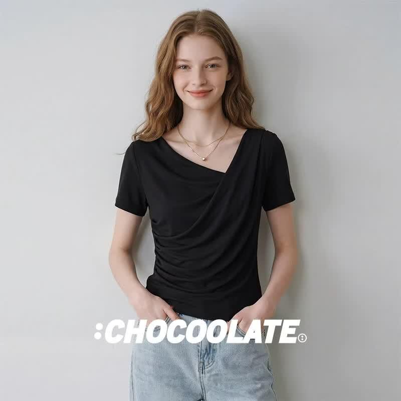 CHOCOOLATE Women s Asymmetrical Draped Collar Short Sleeve T-Shirt 2XL чёрный
