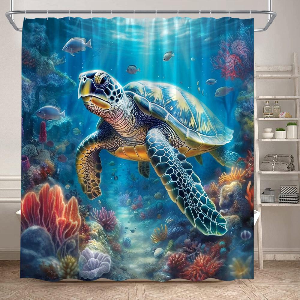 Sea Turtle Shower Curtains Funny Ocean Animals Coral Underwater Scenery Bath Curtain Polyester Fabric Bathroom Decor With Hooks