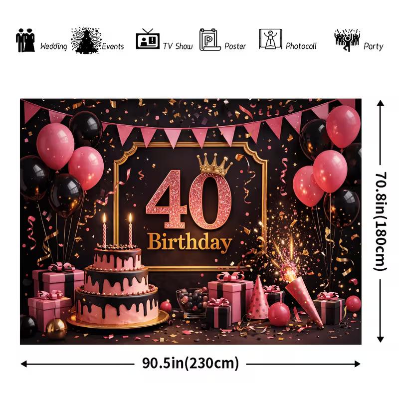 2D 40th Birthday Party Backdrop Black Pink Glitter Balloon and Cake Photo Background