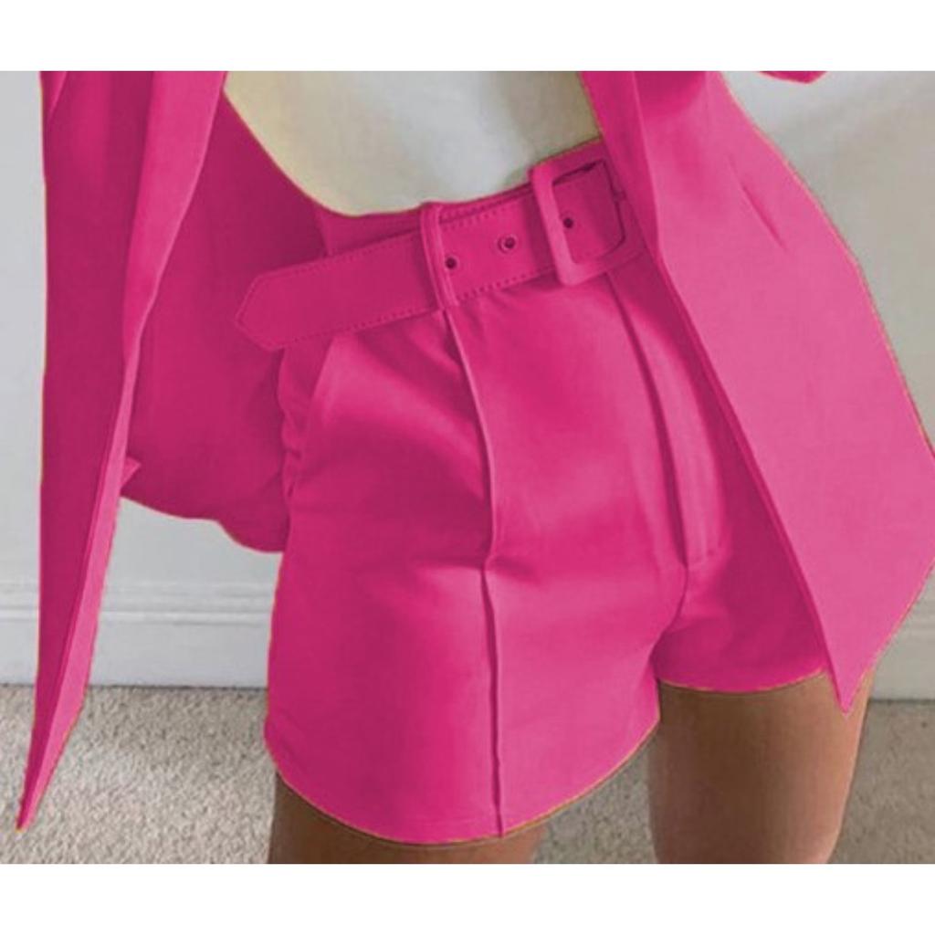 Women's Slim Fit Two Piece Suit Lapel Long Sleeve Blazer High Waist Belted Short Co-ord Outfit Set