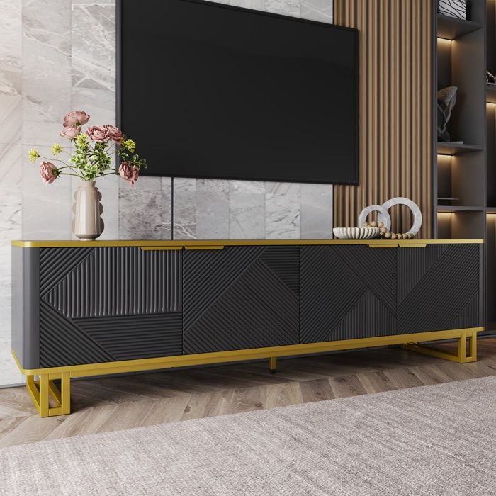 Meuble TV moderne - MODERNLUXE - 160x37,5x48 cm - 4 portes - MDF + Métal - Noir + Doré - Texture géométrique