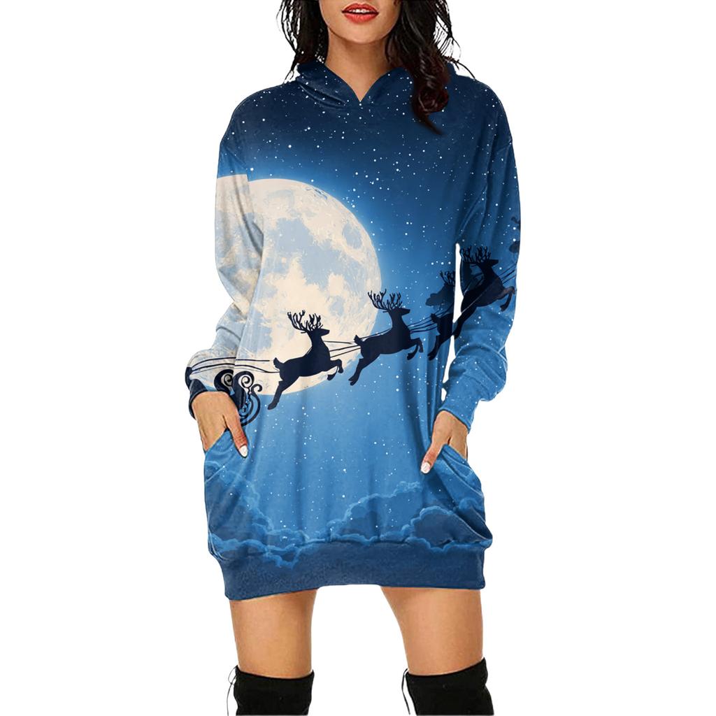 Rochie Pulover cu Glugă și Mâneci Lungi cu Buzunar și Imprimeu de Crăciun pentru Femei