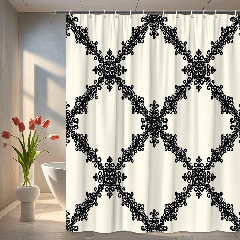 

Elegant Black And White Lace Pattern Shower Curtain Waterproof Mildew Resistant Fabric For Modern Bathroom Decor Non-Toxic W60H190(CM)-1 Pcs
