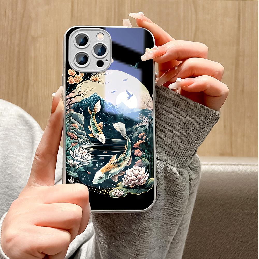 LotusFlower Goldfish Phone Case Metallic Lacquer Tempered Glass Shockproof Cover for Huawei Honor iPhone OPPO Realme OnePlus Xiaomi Redmi Samsung Vivo