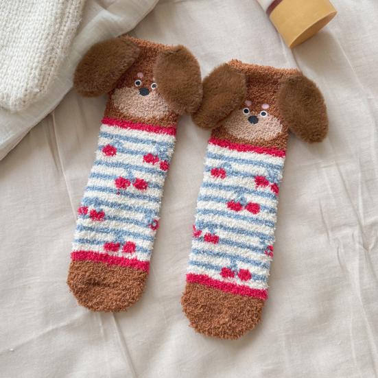 1 Pair Floor Socks 3D Cartoon Dachshund Design Striped Print Elastic Opening Socks Coral Fleece Thickened Mid-Length Sleeping Socks