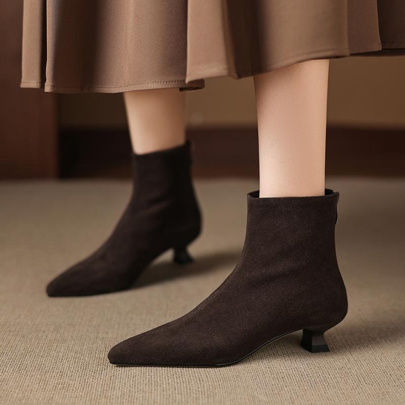 Fashion NEW Autumn Women Boots Pointed Toe Kitten Heel Shoes Cow Suede Leather Shoes for Women Elegant Zipper Modern Boots Daily Shoes