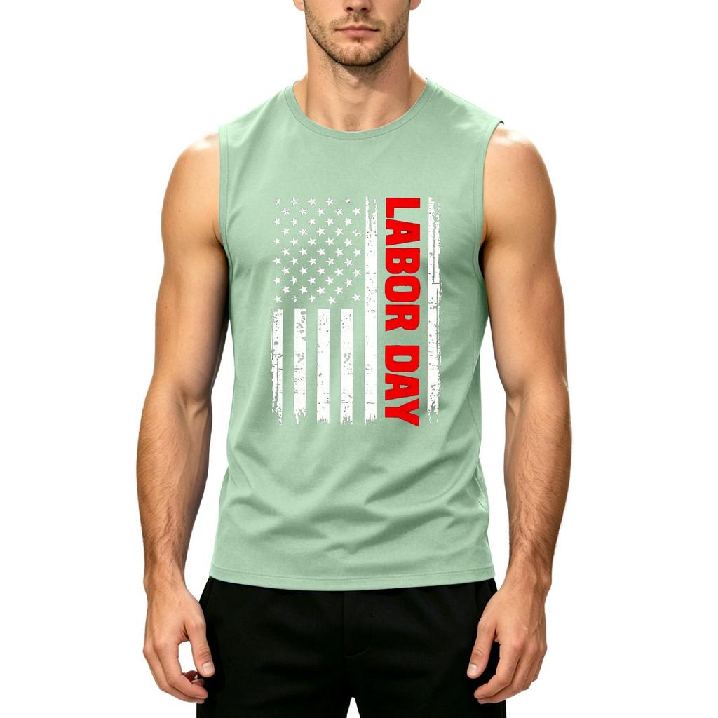 Men's Sleeveless Casual Tank Top with Printed American Flag and Labor Day Text Comfortable Fit for Summer Outdoor Activities