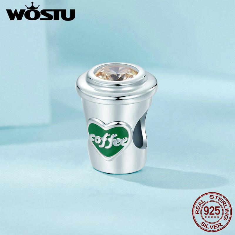 WOSTU 925 Sterling Silver Cute Panda Safty Chains Owls Dog Animal Charms Coffee Cup Beads Fit Bracelets DIY Necklace PartyGift